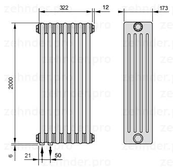 Схема (чертеж) Радиатор Zehnder Charleston 5200/7 №3370 Белый глянцевый RAL 9016